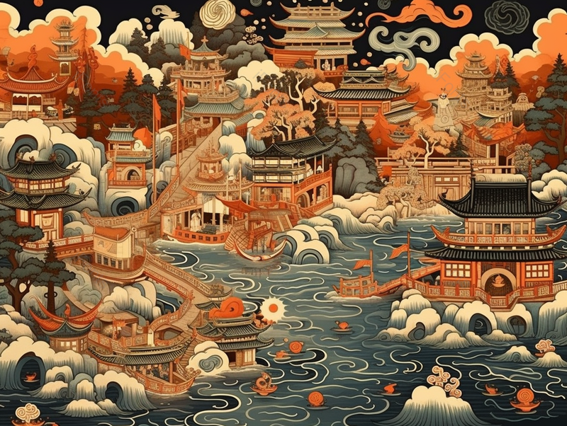 江南古镇全景图中国风装饰画背景,插画/手绘图,插画/手绘图库,插画/手绘图下载,插画/手绘